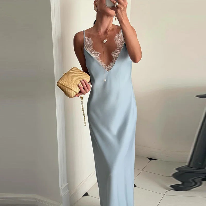 Elegant Lace Patchwork Women's Dress V-Neck Slip Top Sleeveless Lady Long Dresses 2026 Spring Summer Female Vacation Robe