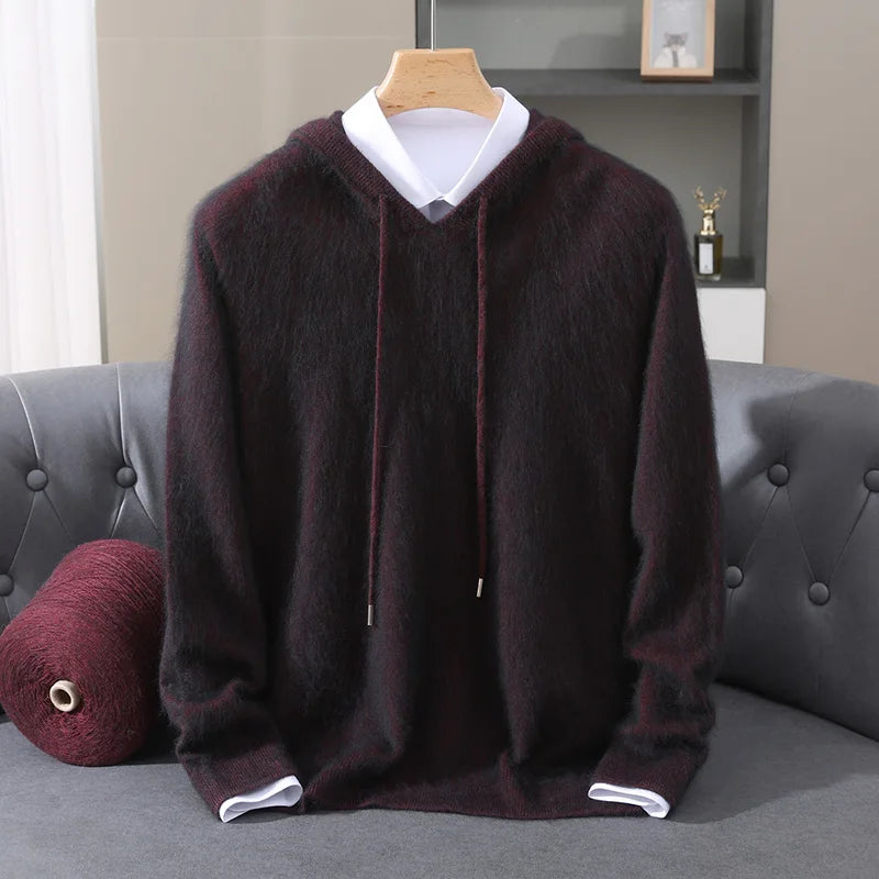 2025 Autumn Winter Hooded Collar Mink Cashmere Knitted Sweater Men's Drawstring Pullover High-End Thick Casual Sweater Loose Fit