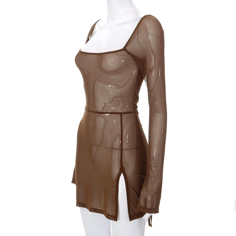 Women's Square Collar Mini Dress Y2K Gauze Long Sleeve Sheer Sexy Night Outfit Clubwear Solid Color