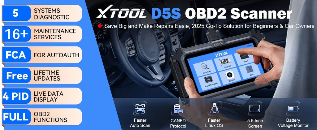 XTOOL D5S Car Diagnostic Tool 5 System Automatic OBD2 Scanner 4-IN-1 Live Data with 16+ Reset Functions with CANFD FCA Protocol Lifetime Free Update