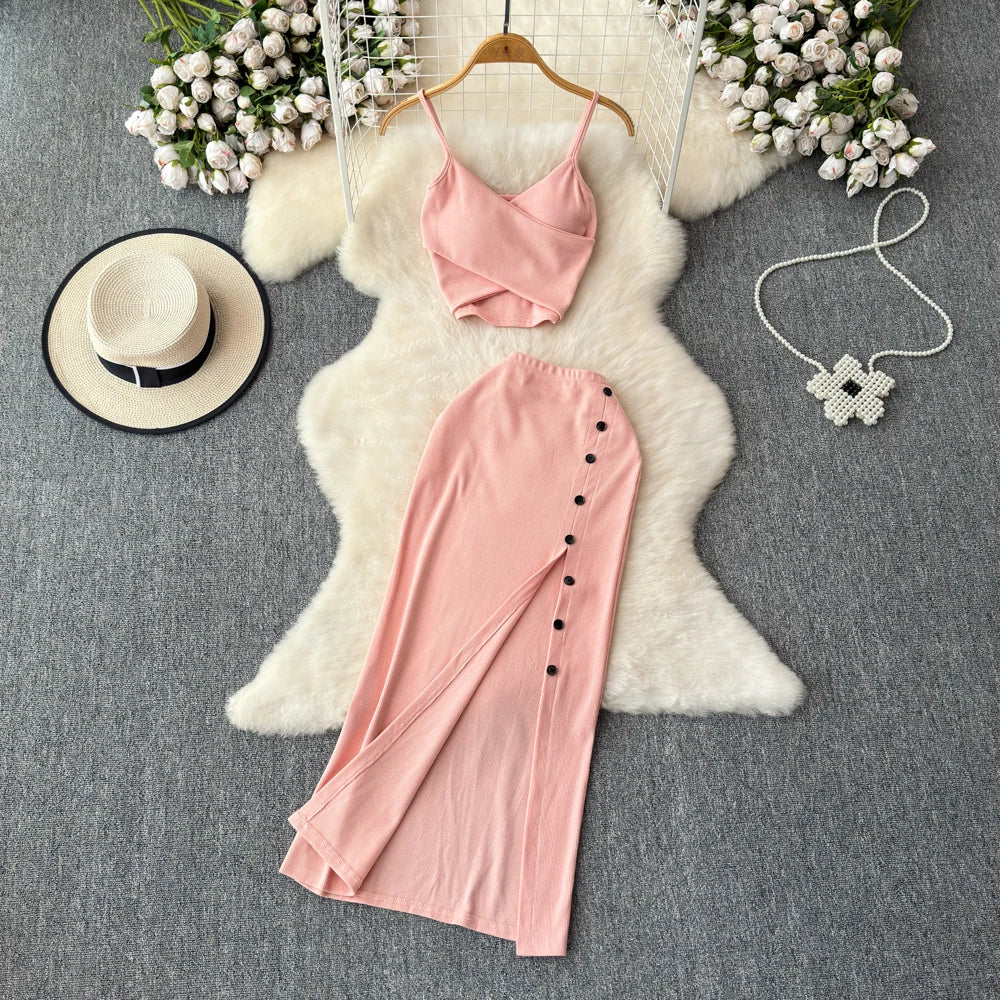 Sexy two Pieces Sets Chic Elegant  v neck slip camis with High Waist Hip Wrap Single Breasted split summer sweet Full Skir