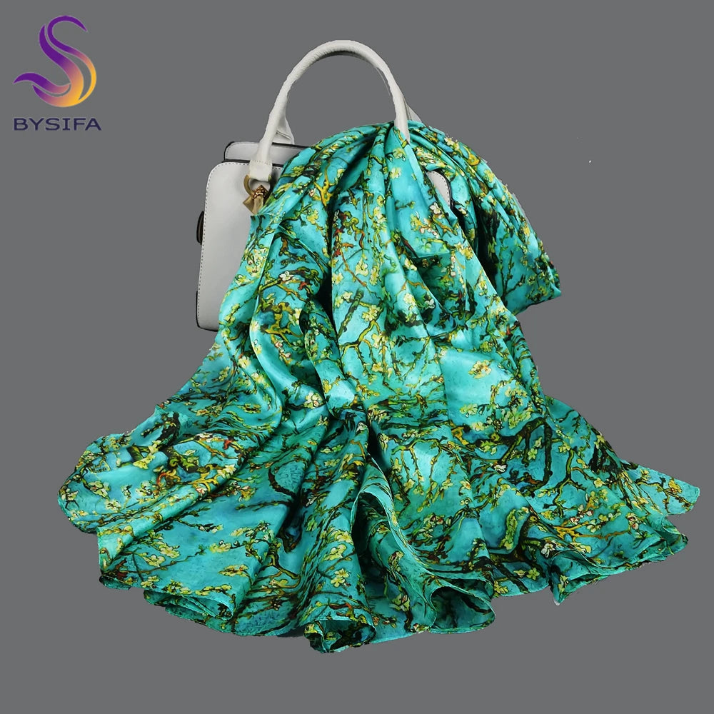BYSIFA| Ultralarge Spring Fall 100% Mulberry Silk Scarf Beach Wrap Brand Female Long Scarves New Red Floral Silk Scarf Shawl