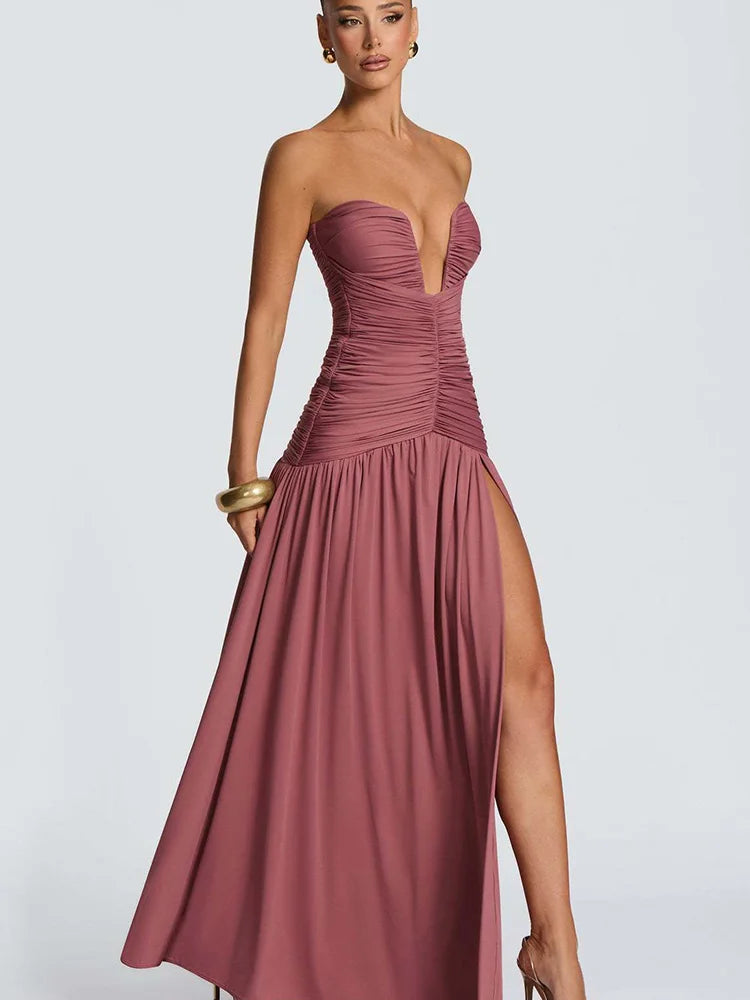 Rinabe Deep V Neck Strapless Maxi Dress Chic Solid Off-shoulder Backless Split Elegant Evening Dress Women Chic Slim Dresses