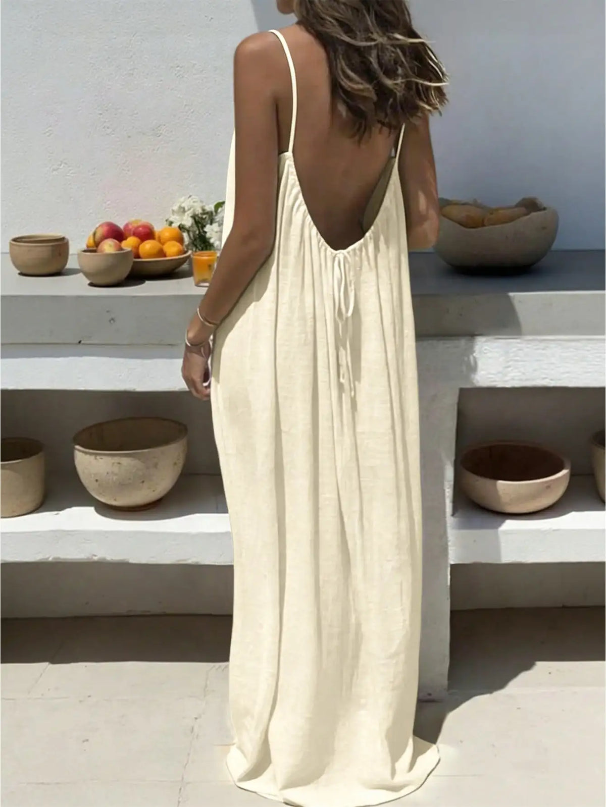 Large-Size Women's Pure-Color Backless Lace-Up Long Loose Casual Comfortable Camisole Dress