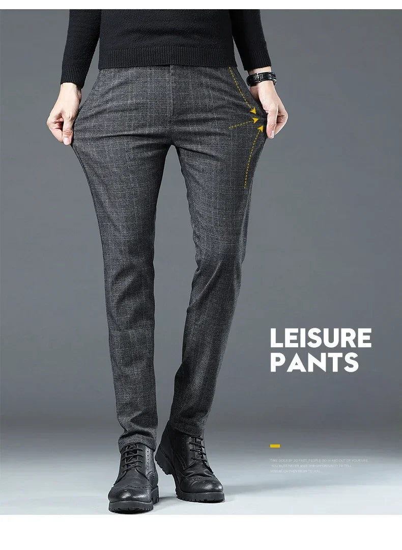 Business Men Pants Spring Autumn Korea Cotton Comfortable Elastic Plaid Casual Fashion Trousers Male Clothing Suit Pant