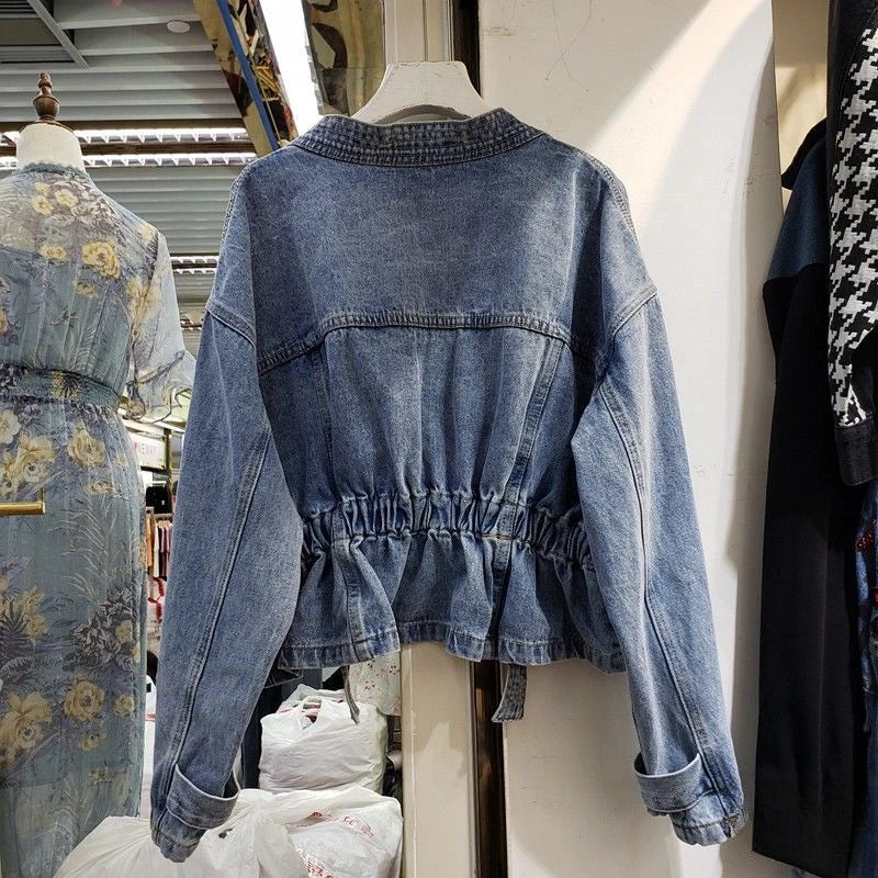 Denim Jacket for Women Plain Cinched Waist Slim Woman Jean Coat Blue Outerwear Spring Autumn 2025 Fashion Low Price Y2k Clothes