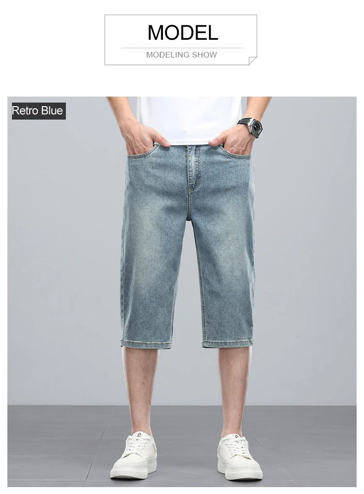 Summer men's six inch shorts over the knee thin straight tube minimalist elastic denim shorts Baggy Jeans Shorts for Men  3/4