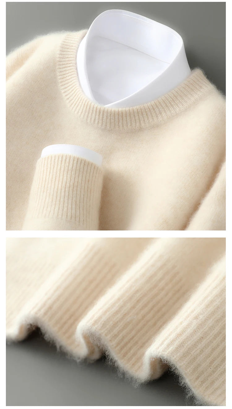 100% Australian Wool Knitted Men's O-Neck Sweater, Casual Business, Spring and Autumn Men's Long-Sleeved Pullover New Sweater