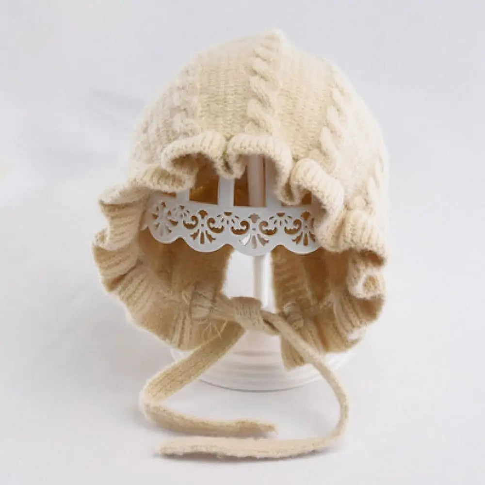 Infant Hat Winter Girl Baby Hooded Hat Autumn and Winter Ear Protection Warm Woolen Hat Lace Girls Knitted Hat 0-2Years