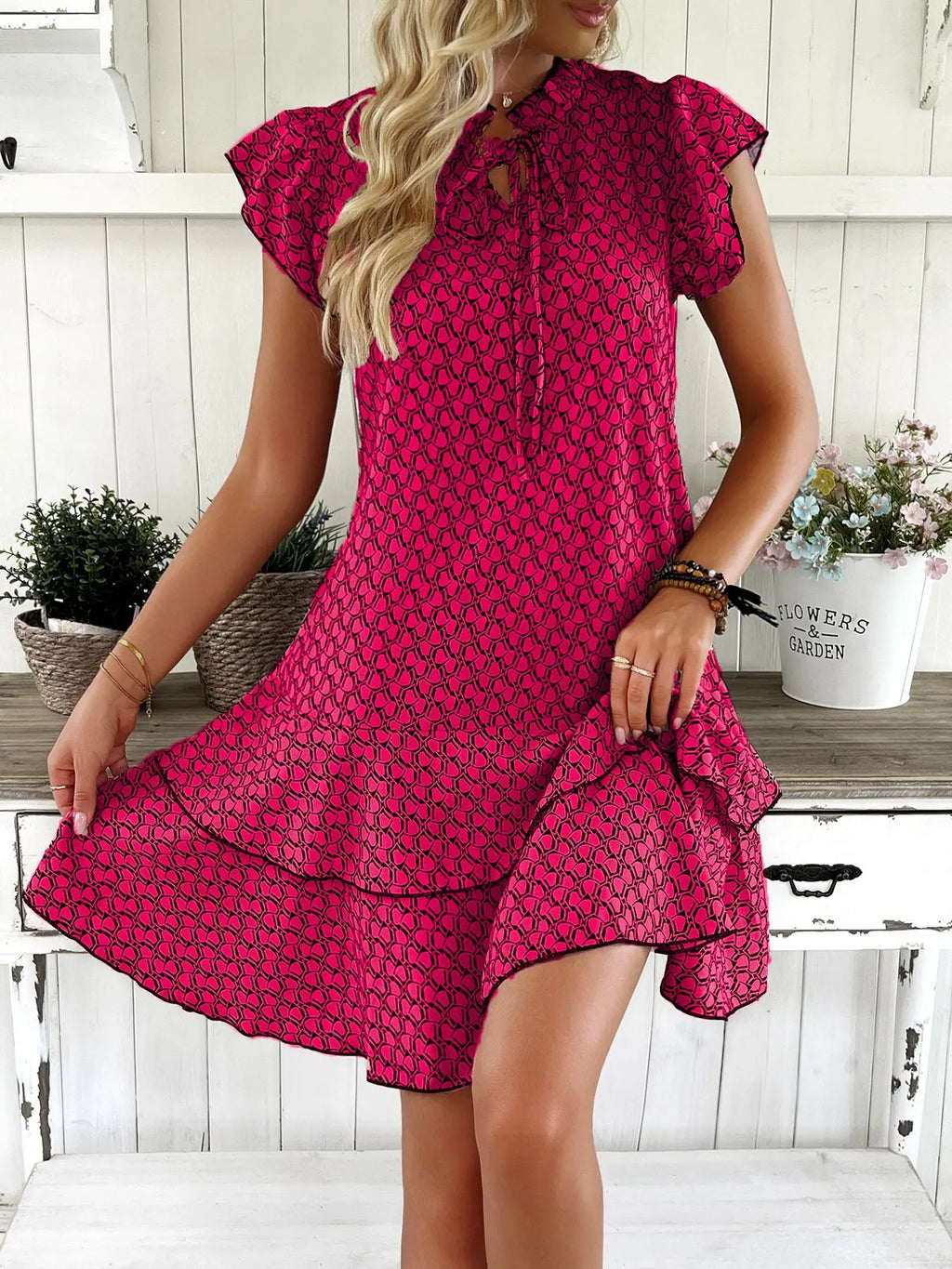 2025 Elegant Women's Casual Loose Ruffle Mini Dress Bohemian Printed V-neck Lace-up Small Flying Sleeve Dresses For Women S-3XL