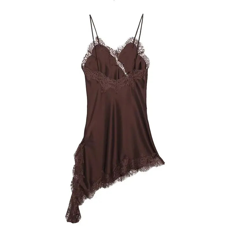 Zevity 2025 Women Sexy Hollow Out Lace Stitching Hem Irregular Mini Dress Female Chic Spaghetti Strap Soft Party Vestidos DS9446