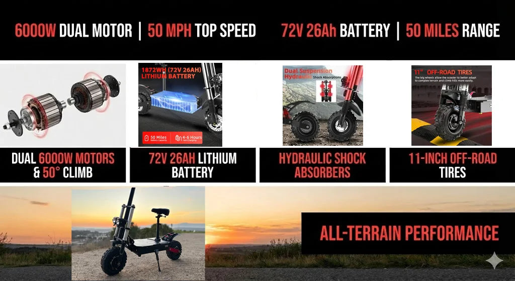 1200W-6000W SingleDual Motor Electric Scooter Adults 72V 60V 52V 48V Off Road Winter Snow Anti-Slip Foldable E-Scooter
