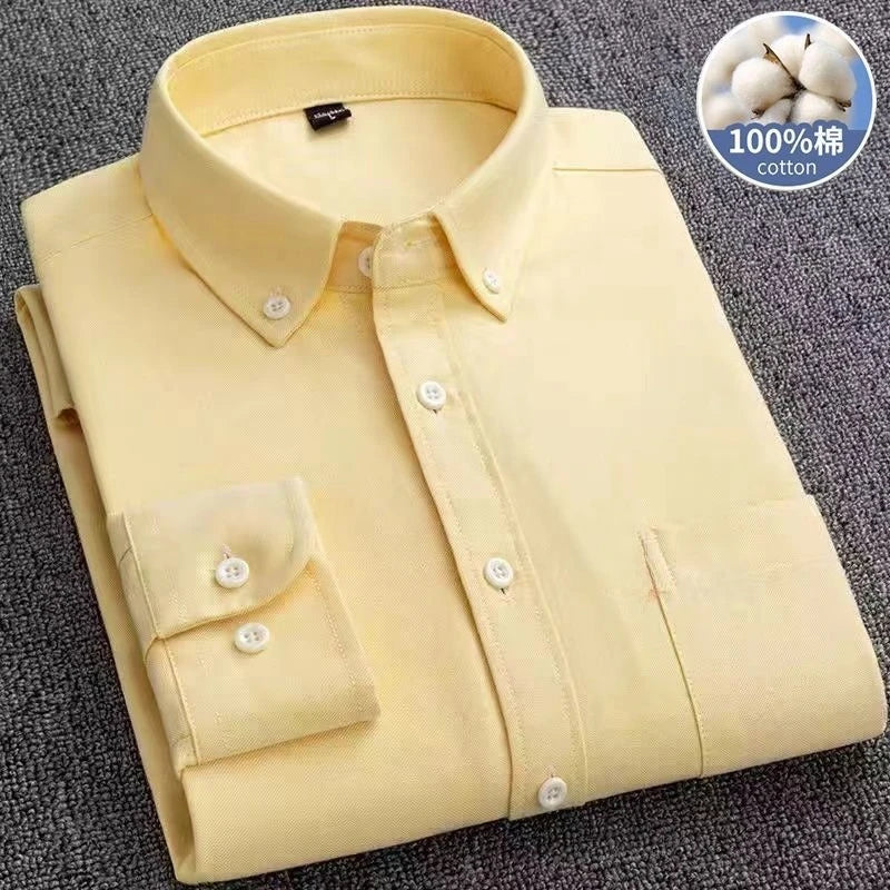 2026 Men's Oxford Long Sleeve Shirts 100% Cotton Solid Color Turn Down Collar Regular Fit Daily Men Clothing Button-down Shirts