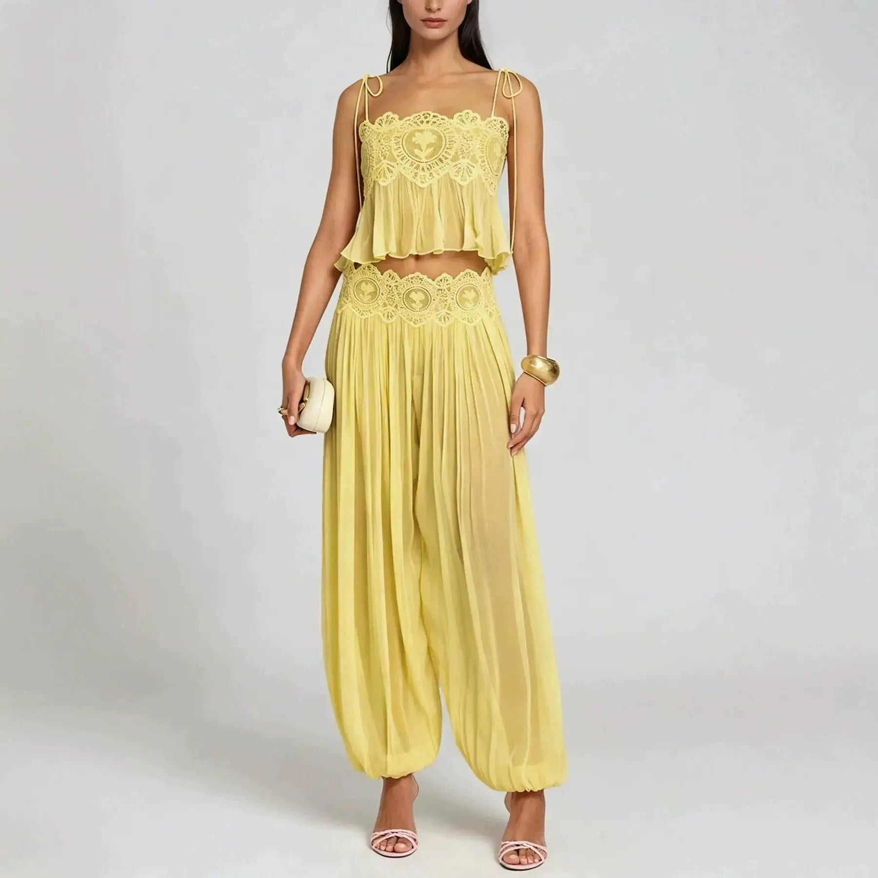 Women Pink Lace Double Strap Crop Top Two Piece Set Boho Sleeveless Flowy Matching Outfit 2026 Seaside Vacation Casual Outfits