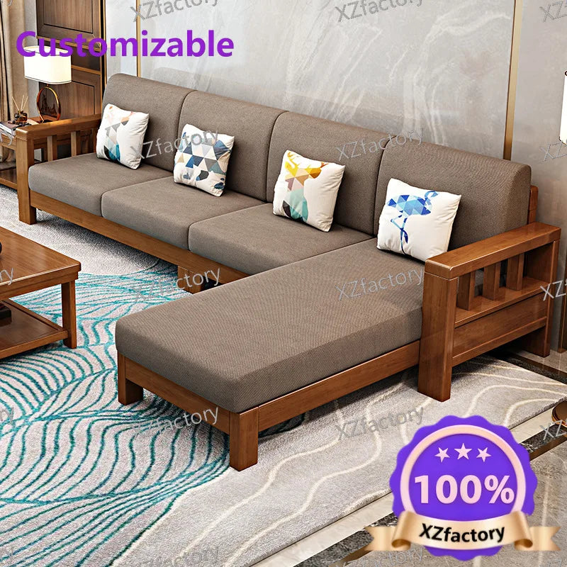 Modern minimalist solid wood sofa set, economical fabric sofa for small apartments, new Chinese style living room storage wooden