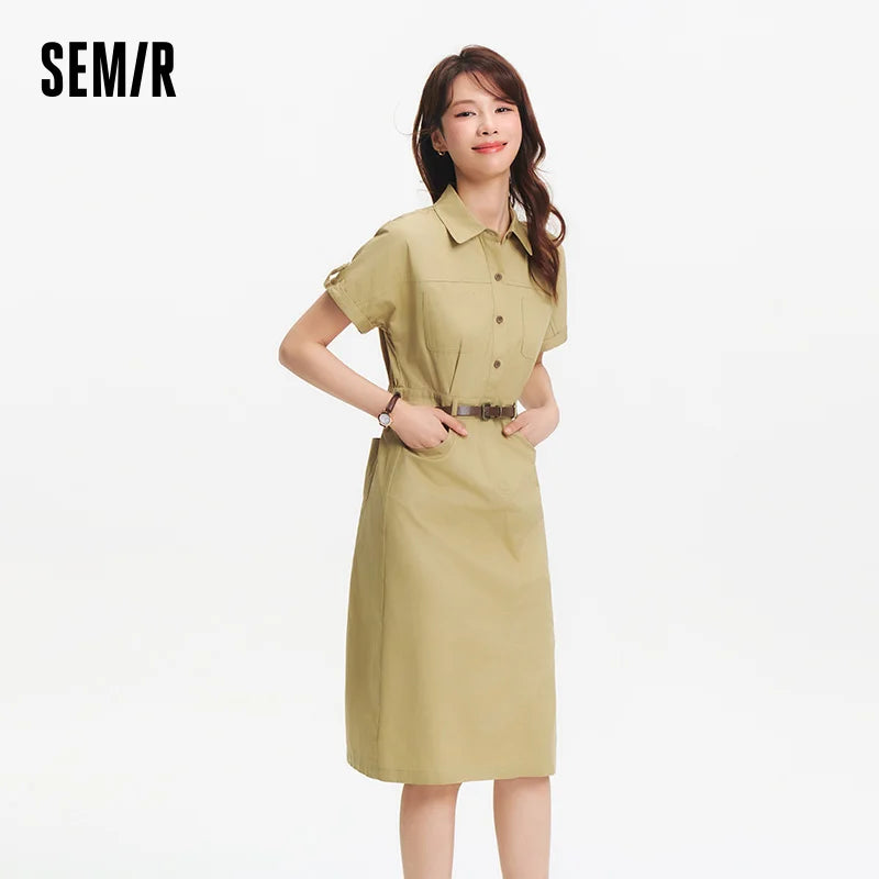 Semir Women Dress Shirt Collar Cotton Slit Midi Belt Slim Vintage Urban Workwear 2026 Summer Fashion Office Top