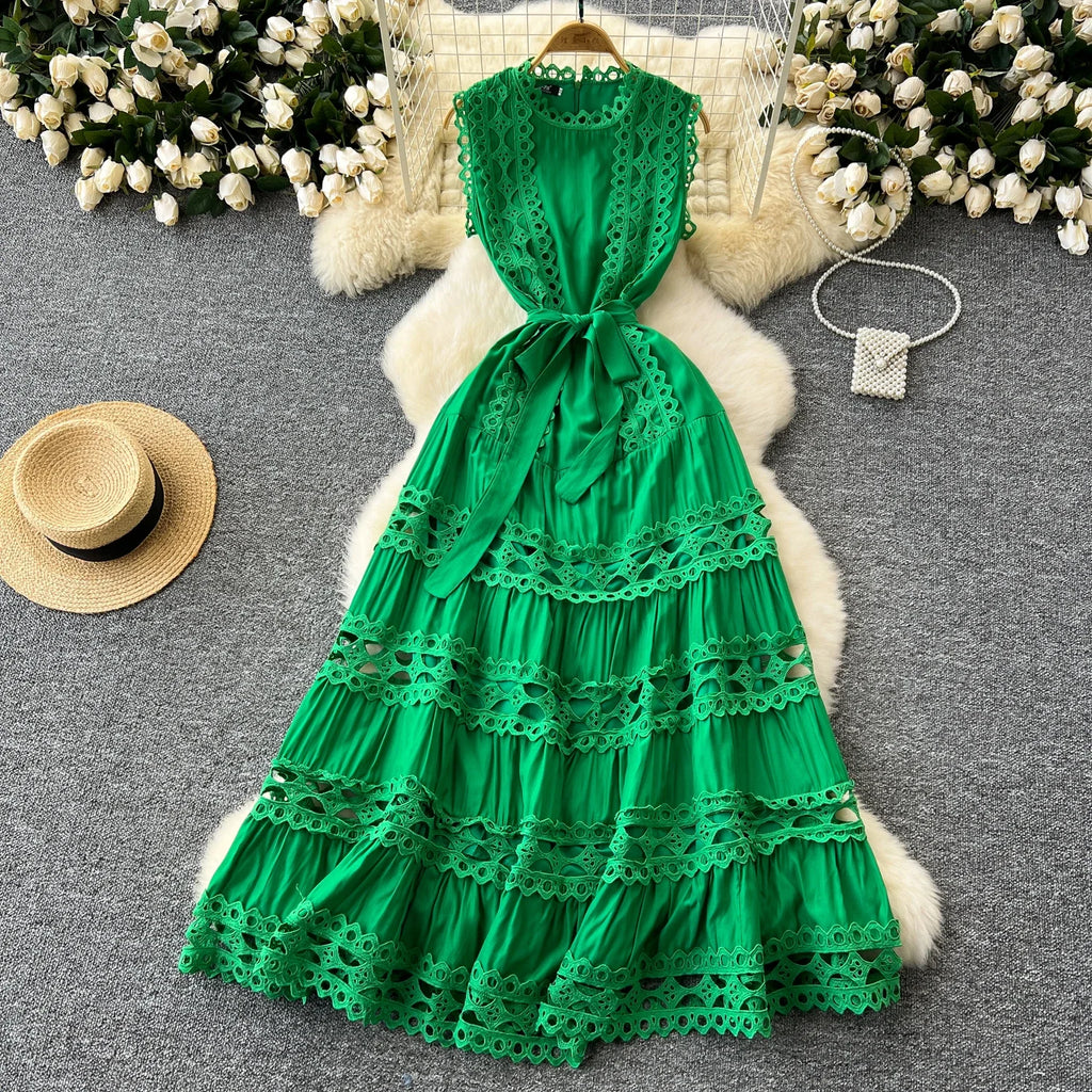 Sexy Hollow Out Embroidery O Neck Sleeveless Bandage Long Dresses Chic Evening Party Summer Vestidos Women Hip Wrap Clothing