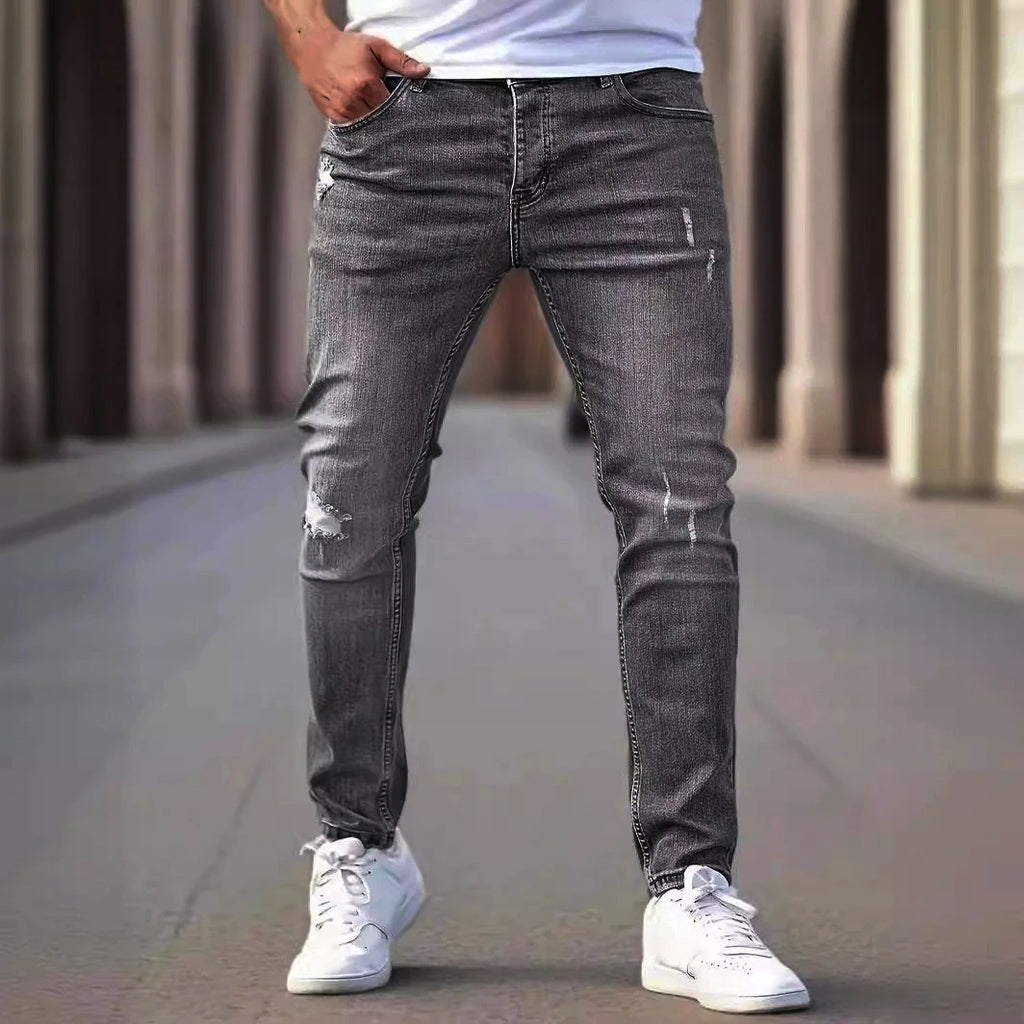 2026 Spring Men's Distressed Skinny Jeans Vintage Wash Elastic Biker Holes Casual Slim Fit Streetwear Denim Pencil Pants Joggers