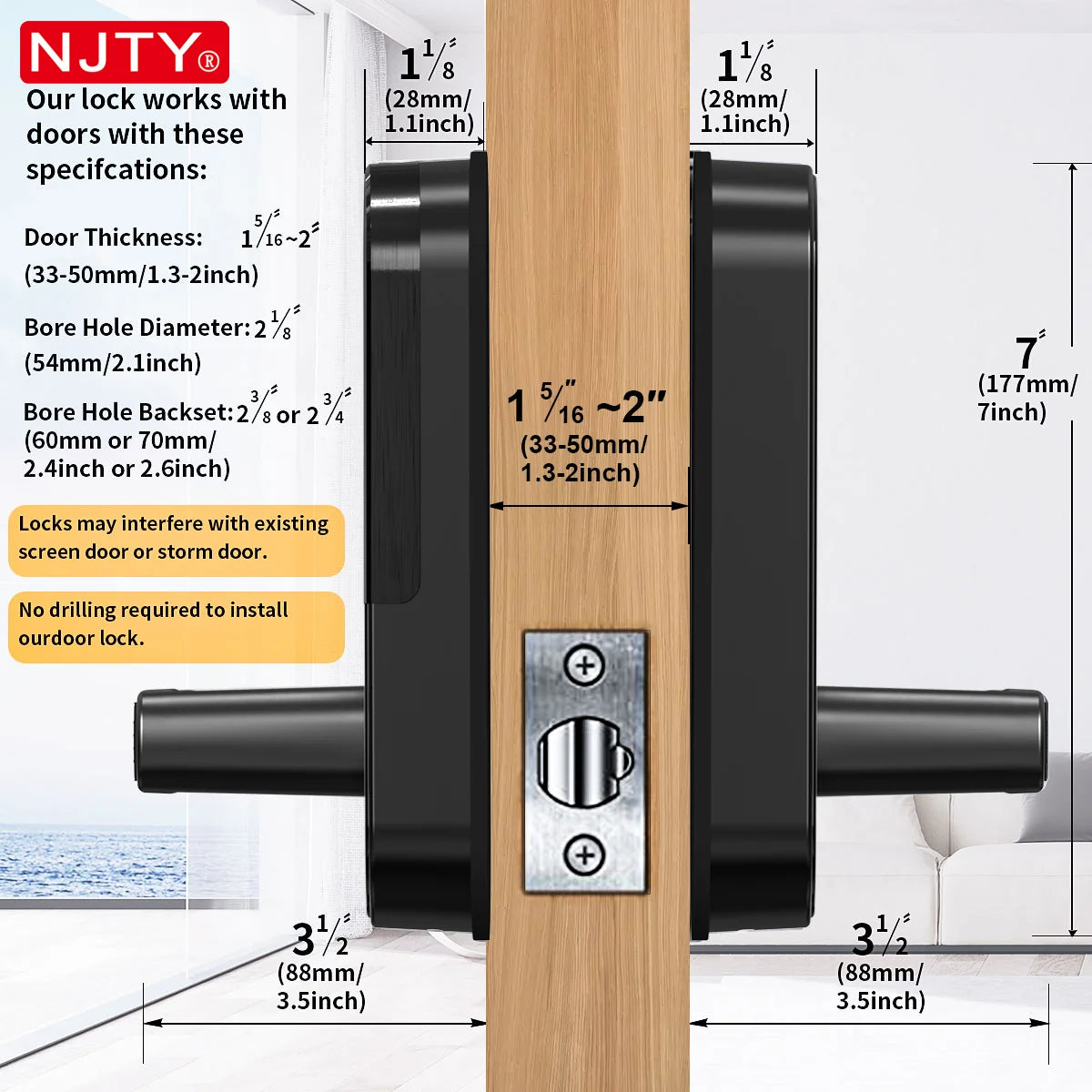 NJTY Fingerprint Door Lock Unlock by Fingerprint/Card/App/Password/NFC/Key Anti-Theft Electronic Door Lock for Bedroom/Outside