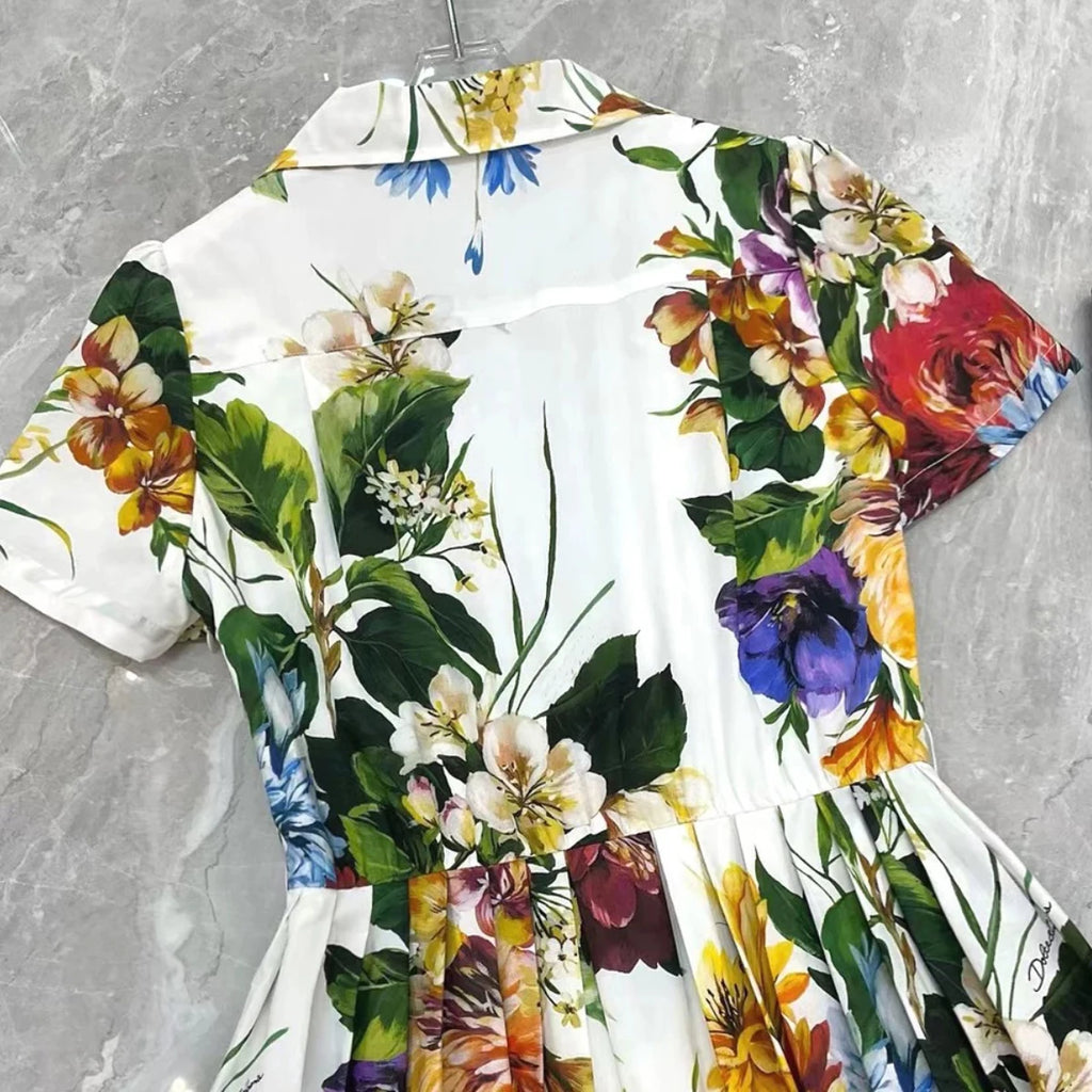 Summer Runway Holiday Flower Shirt Dress Women's Notched V-Neck Short Sleeve Single Breasted A-Line Pleated Midi Vestidos