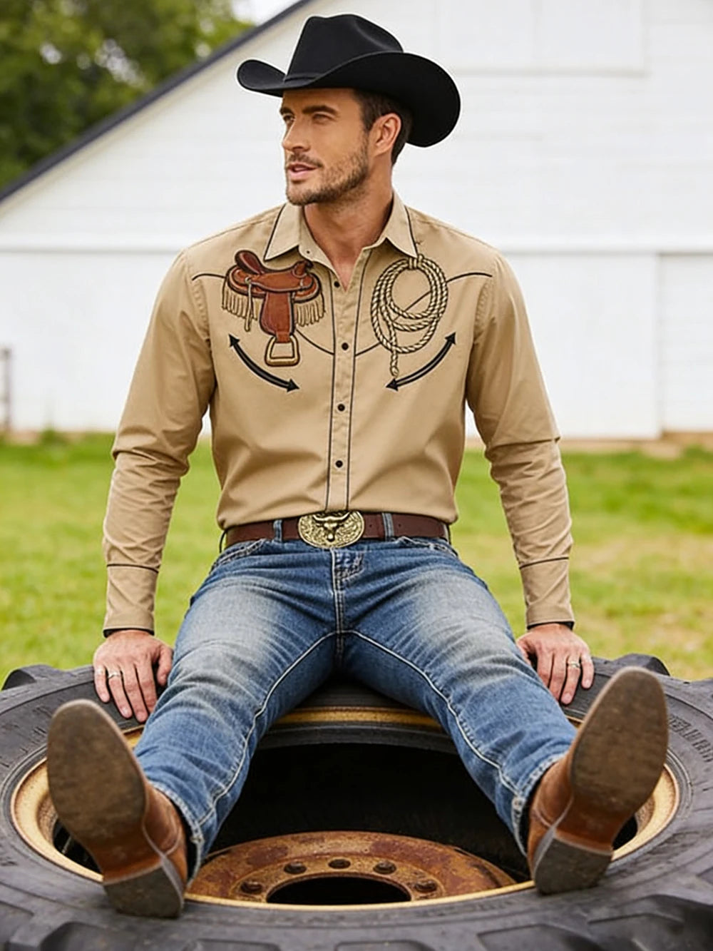 2026 New Men's Western Farm Cactus 3D Print Black Shirt Long Sleeve Collar Button Business Casual Hawaiian Shirt Men For you