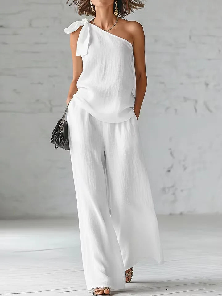 Women's 2 Piece Set 2026 Summer Sexy One Shoulder Tie Knot Top And Wide Leg Pants Suit Casual Loose Summer Beach Vacation Outfit