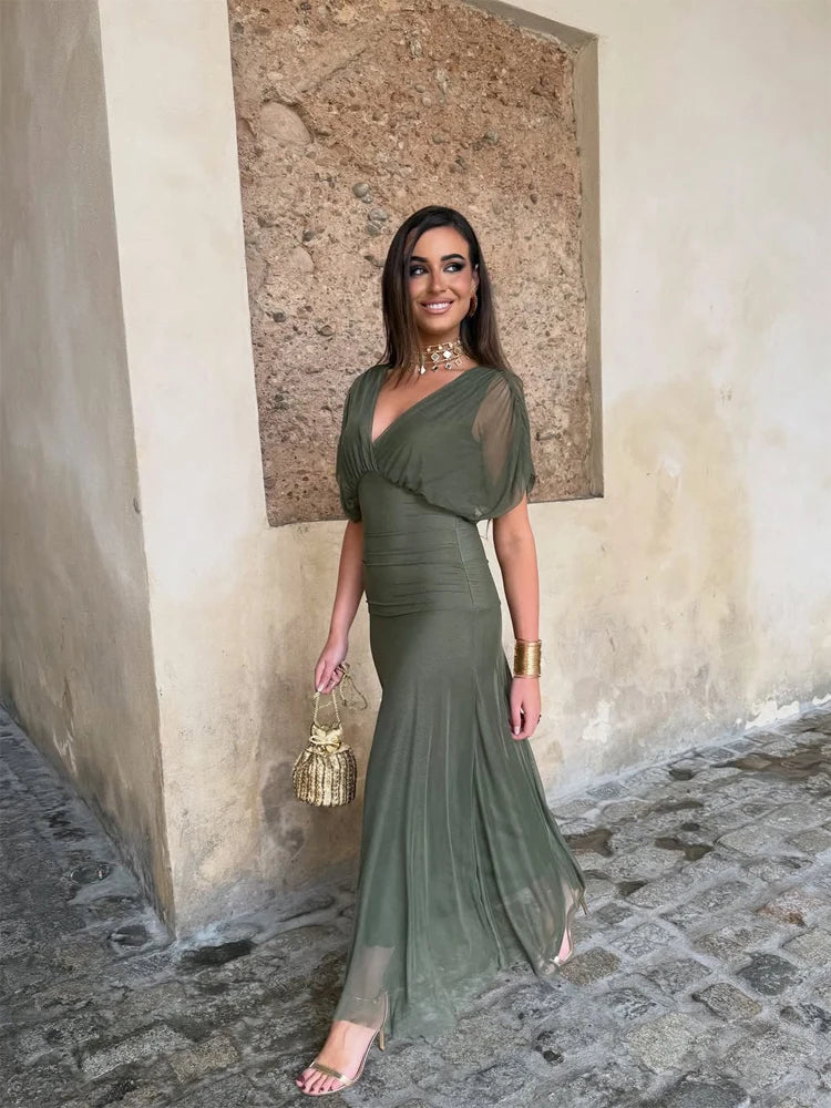 Women Solid Deep V-neck Mesh Long Dress Elegant Puff Short Sleeve Ruched Waist High Vestidos 2026 Summer Lady Casual Street Robe