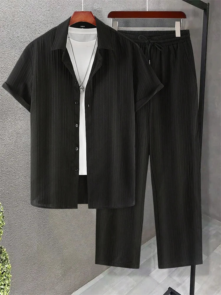 2025 Autumn Simple Solid-color Shirt 2 Pieces Long Pants Set, Urban Street Fashion Simple Men's Shirt And Long Pants Set