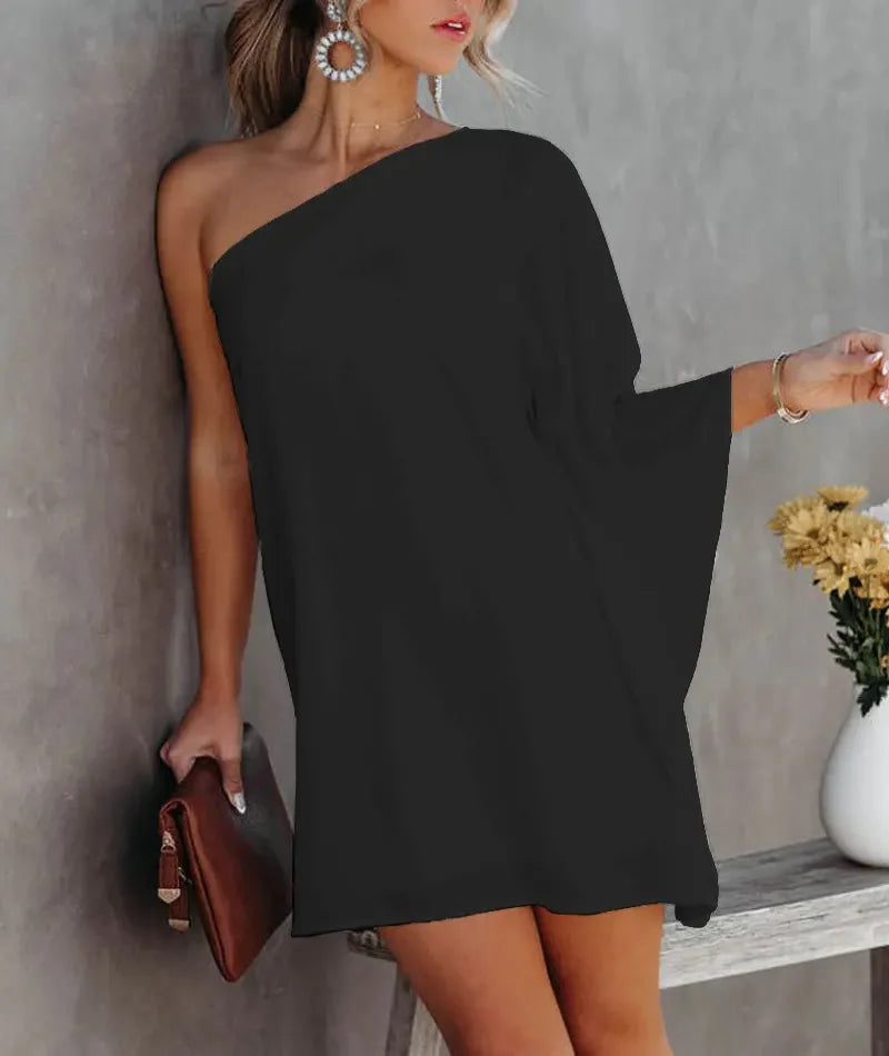 Summer Commuter Women's S-2XL size Dress One Line Diagonal Neck Off Shoulder Solid Color and PrintedMetal Strap Bat Sleeve