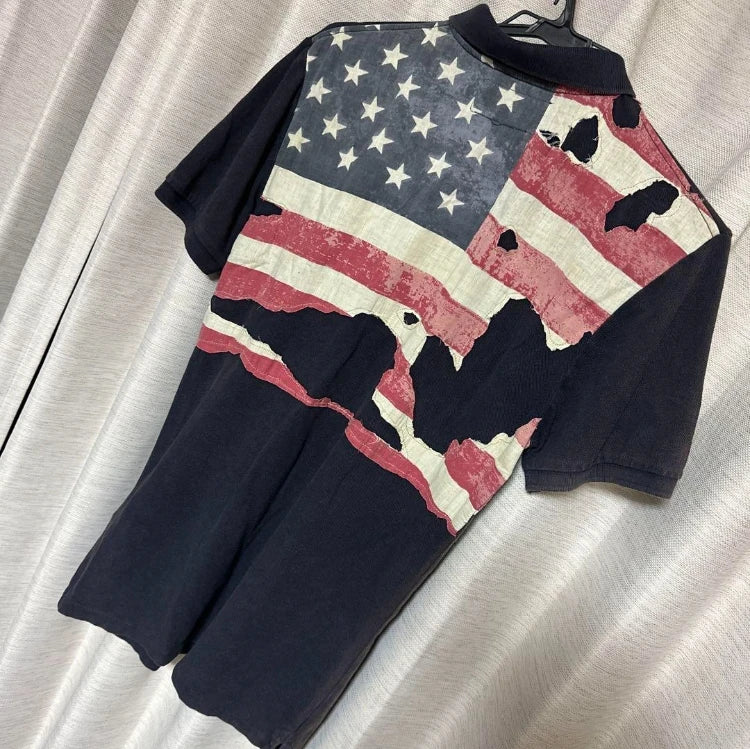 American Flag Tear Patchwork Retro Old Short Sleeve Polo Shirt Y2k Loose Boy Hip Hop Embroidery Clother Top Cotton Men Clothing