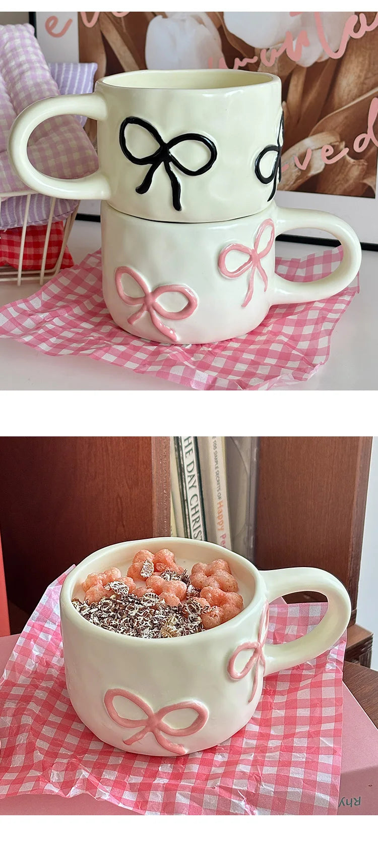 Cream Colored Relief Bow Ceramic Mug, French Simplicity High-value Breakfast Cup, Household Coffee Cup, Birthday Gift