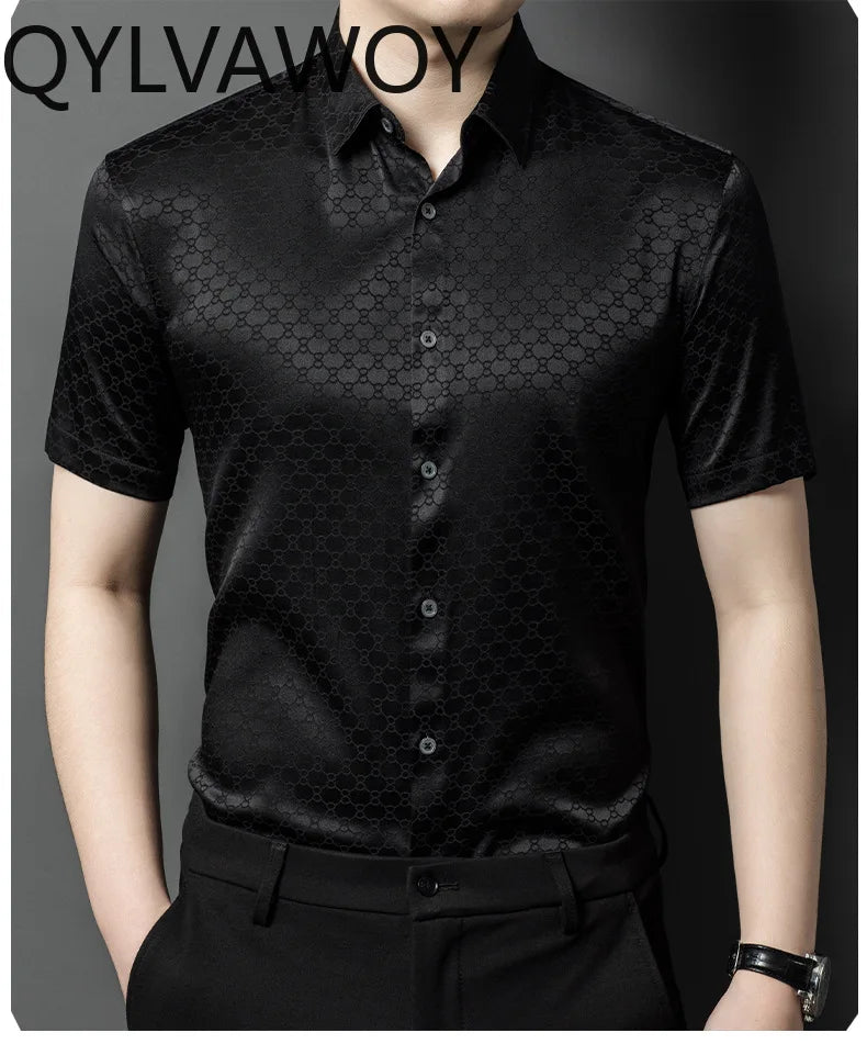 QYLVAWOY New Men's Shirts Summer Tops 92% Real Mulberry Silk Shirts Lapel Short Sleeve Stylish Clothes for Man Business Casual