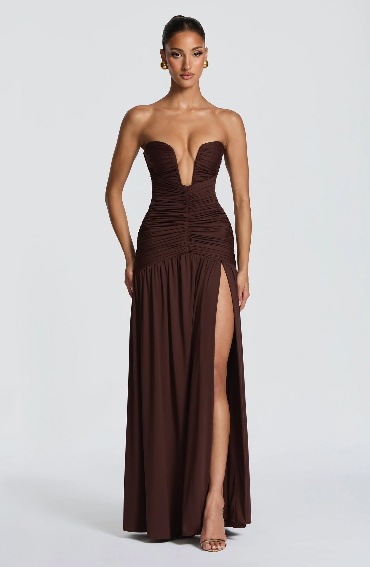 Strapless Deep V Ruched Maxi Dress High Split Formal Evening Gown Women Wedding Guest Party Long Dresses