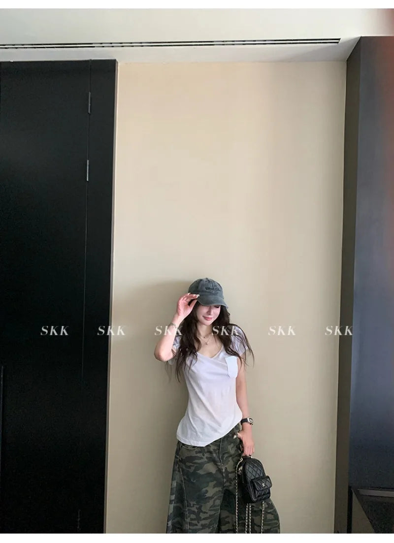 YJKDYK High Waist Camouflage Workwear Jeans Women's Autumn Spring American Retro Wide Leg Floor-Length Pants Trendy High Street
