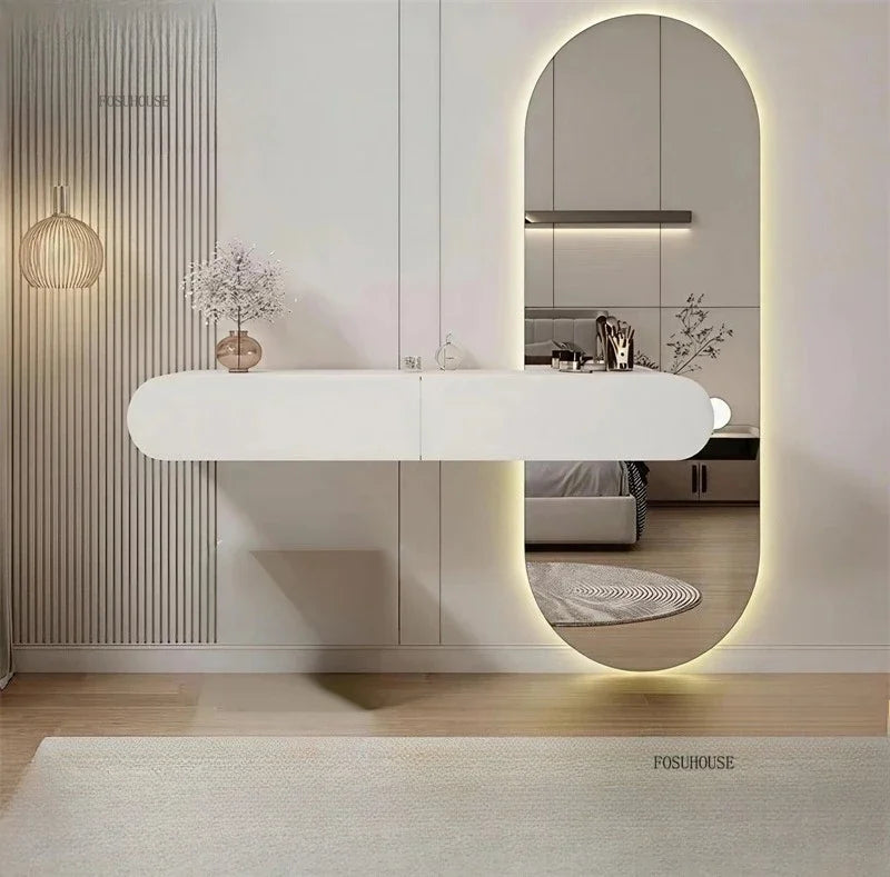 Nordic Wall-mounted Makeup Vanities European Bedroom Furniture Wooden Storage Dressing Table with Full-length Mirror Vanity Desk