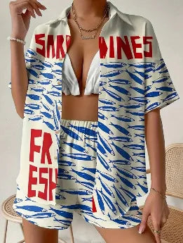Fashion Lapel Short-sleeved Single-breasted Shirt Top + Shorts 2-piece Set Women Elegant Summer Print Loose Casual Suit Female