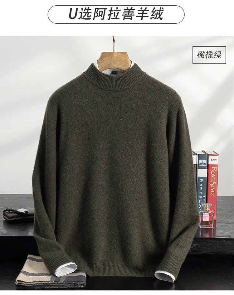 Autumn/Winter Men's 100% Cashmere Pullover Business Casual Solid Knitted Sweater Loose Half High Neck Tops Thick Warm Jumper