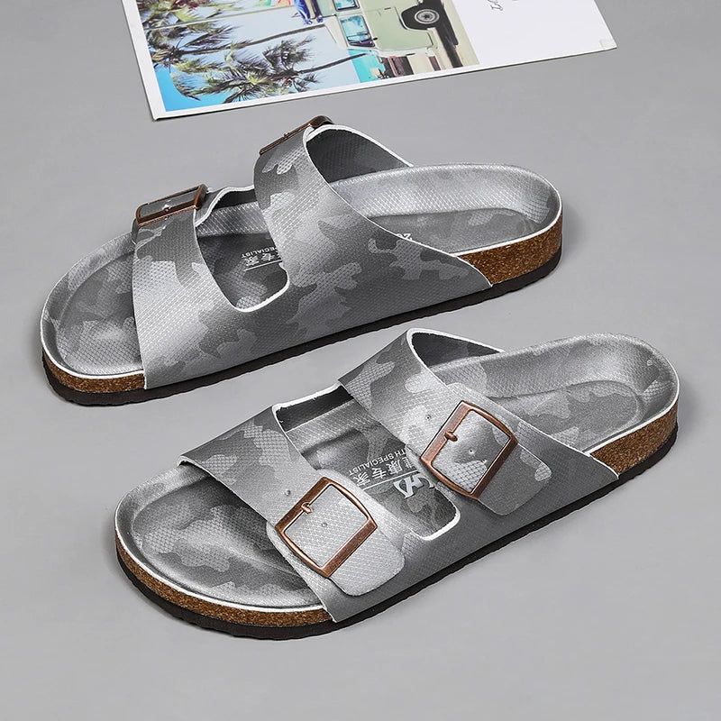Summer Men Women Cork Slippers Clogs Microfiber Leather Slides Casual Slip On Sandal Double Buckle