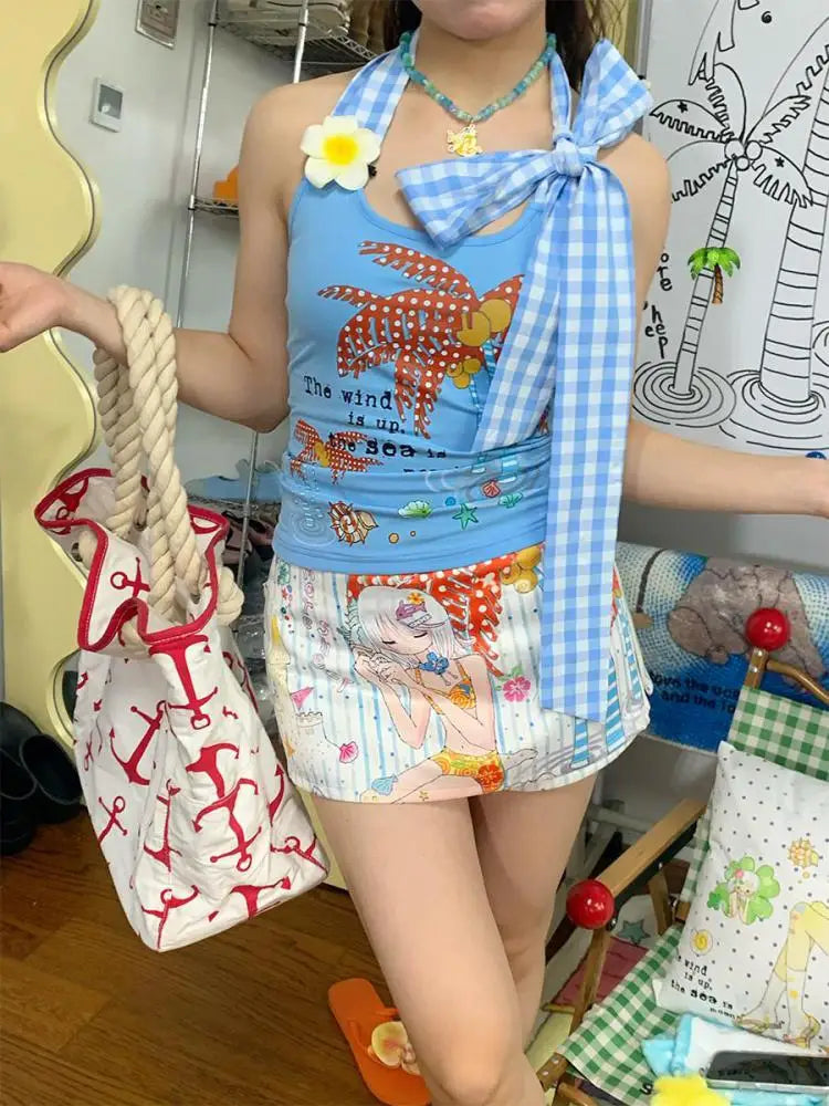 Erwofeina Hotsweet Blue Patchwork Plaid Halter Tops 2000s Clothes Y2k Sleeveless Camis Summer Tank Tops Beach Camisole Chic