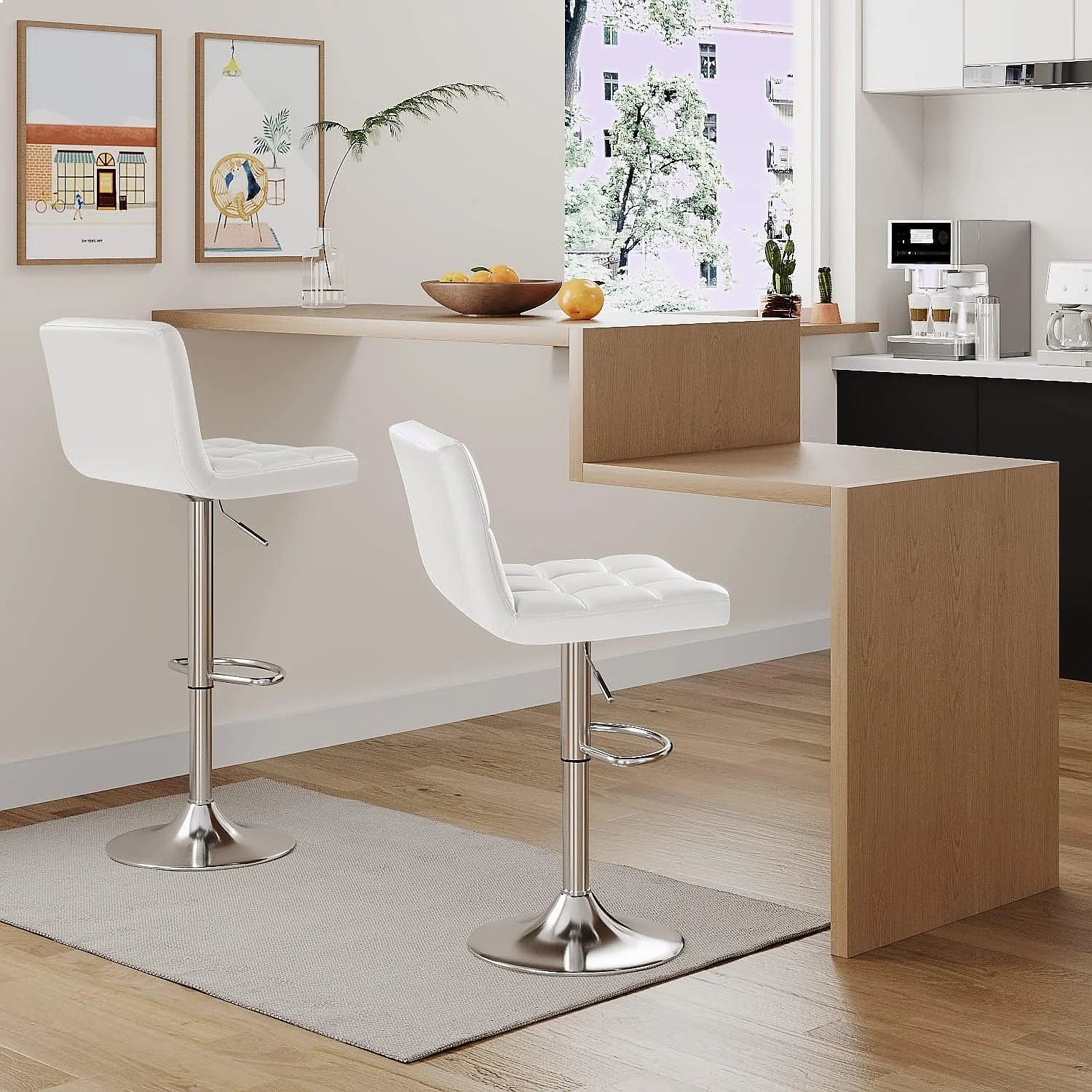Furmax Set of 2 Modern PU Leather Swivel Adjustable Hydraulic Bar Stools White