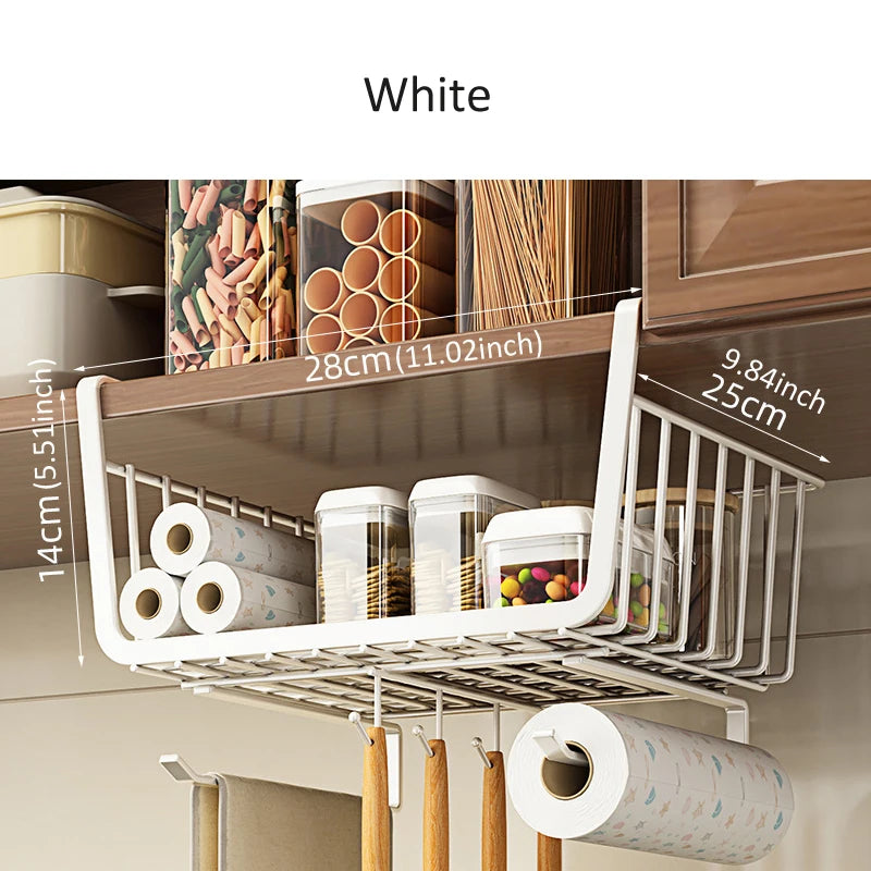 Kitchen Under Cabinet Basket Organizer Storage Hanger Cup Holder Closet Desk Hanging Rack for Kitchen Paper Towel with 4 hooks