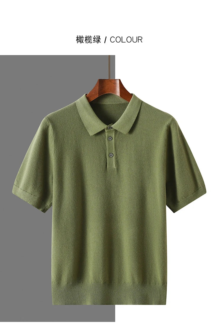 New summer 100% pure wool men's short sleeve polo neck T-shirt fashion youth casual Joker shirt thin T-shirt sweater