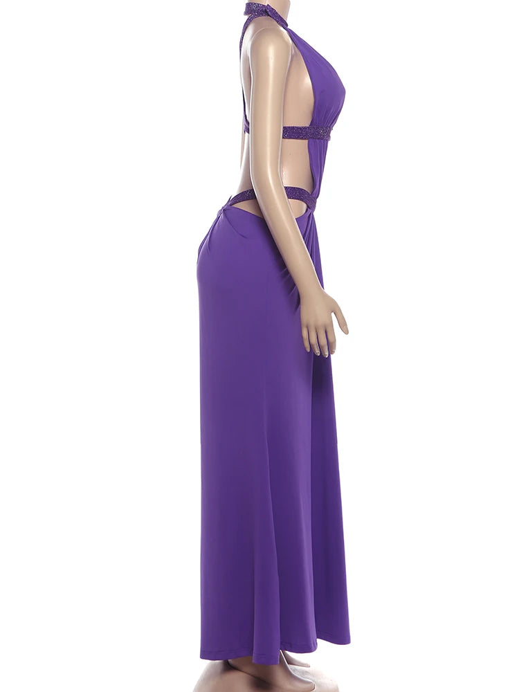 Nibber Deep V-Neck Long Dress Woman Sexy Hollow Design Halter Sleeveless Skinny High Waist Midnight Prom Party Elegant Vestidos