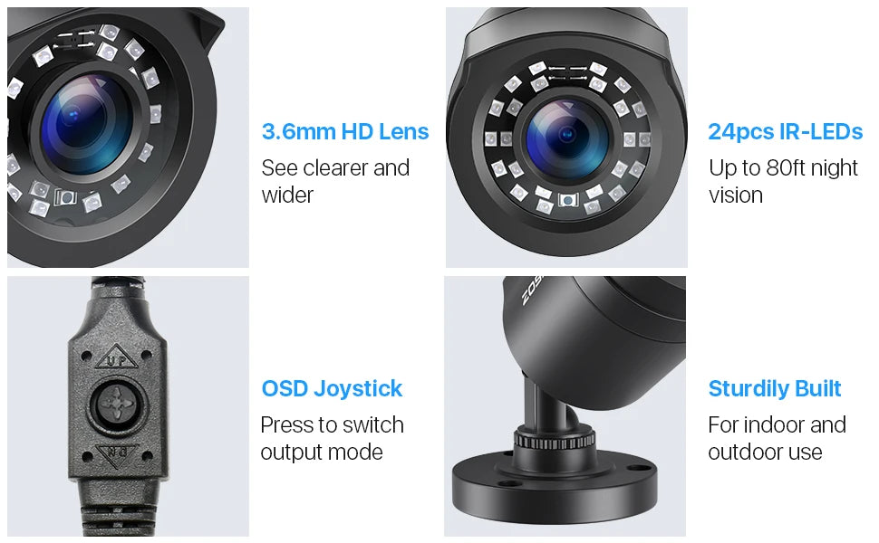 ZOSI 1080P 4-in-1 CCTV Security Camera ,3.6mm Lens 24 IR LEDs,80ft Night Vision ,Outdoor Whetherproof Surveillance Camera