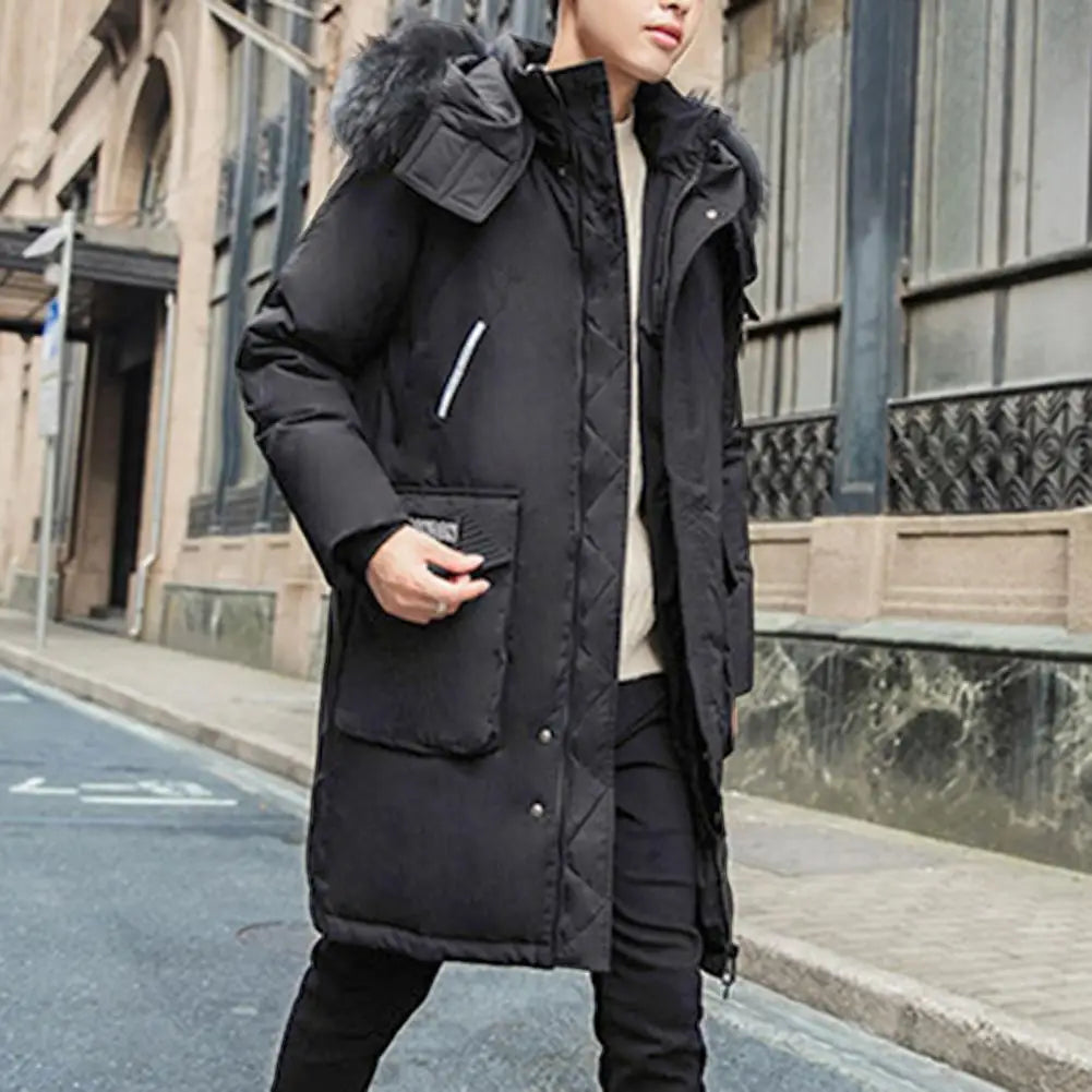Men Down Jacket Fur Collar Hooded Long Sleeve Solid Color Winter Coat Zipper Placket Pockets Thickened Puffer Outwear