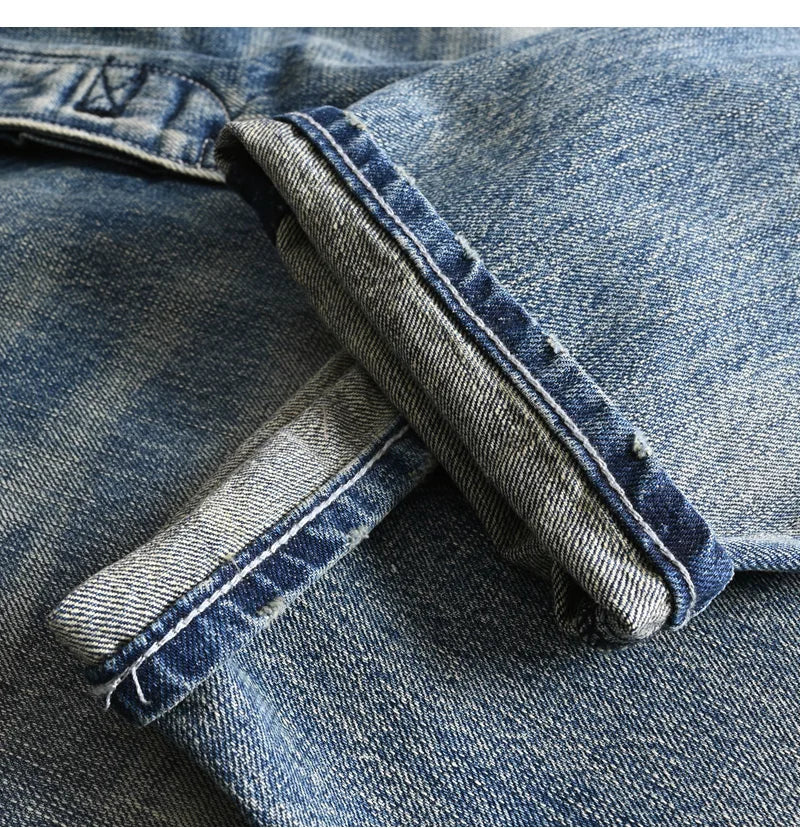Heavyweight 100% Cotton Relaxed Straight Denim Jeans Vintage Washed & Distressed American Casual Pants for Men Amekaji Retro
