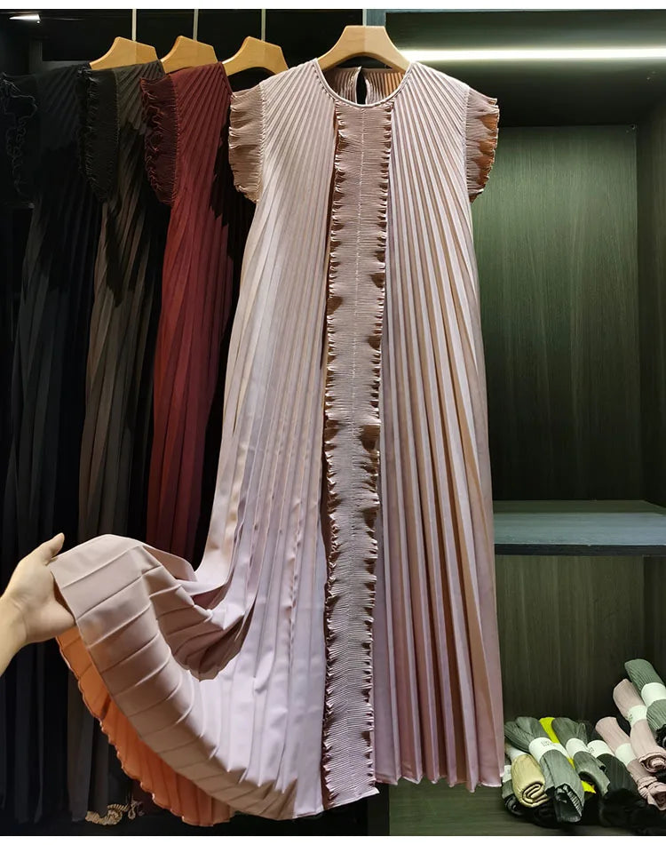 Miyake Pleated Solid Color Dresses High-End 2026 Ruffled Handmade Pleats Solid Color Fold Dress Summer Elegant Sleeveless Dress