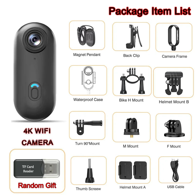 4K UHD Motorcycle Mini Action Camera Body POV Magnetic 30M Waterproof 2.4G WiFi Small Action Video Vlogging Camcord Helmet Bike
