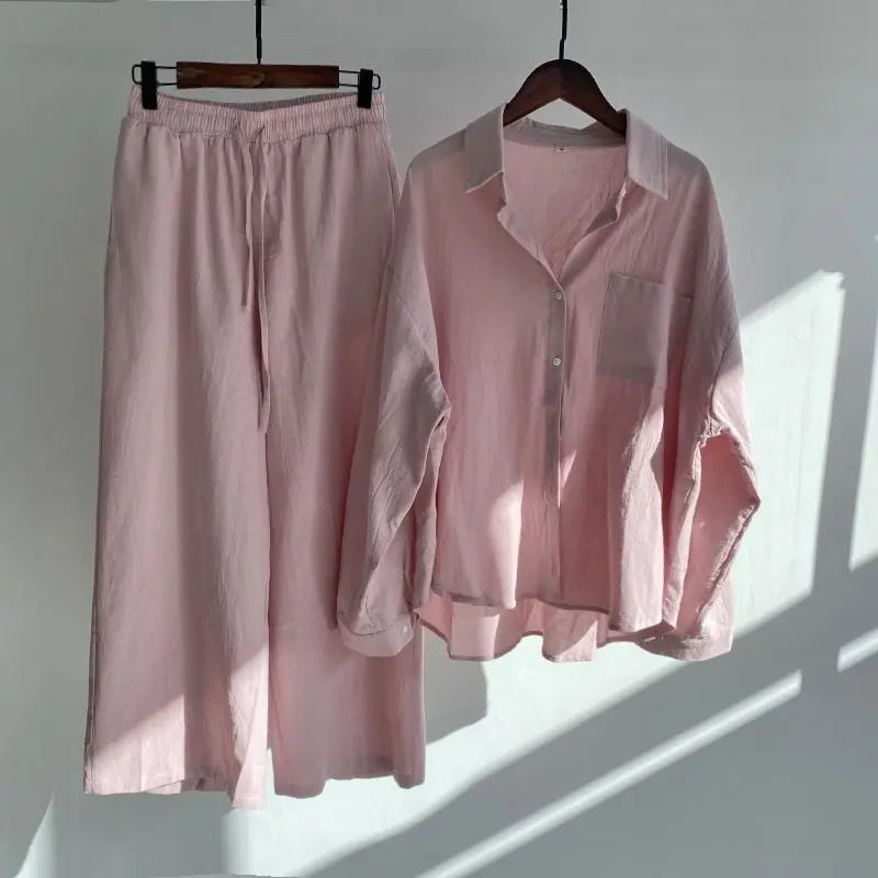 Women's 2-piece set 2026 Spring Autumn New Long sleeved Cotton linen Shirt top+High waisted loose Pants Comfortable Casual Sets