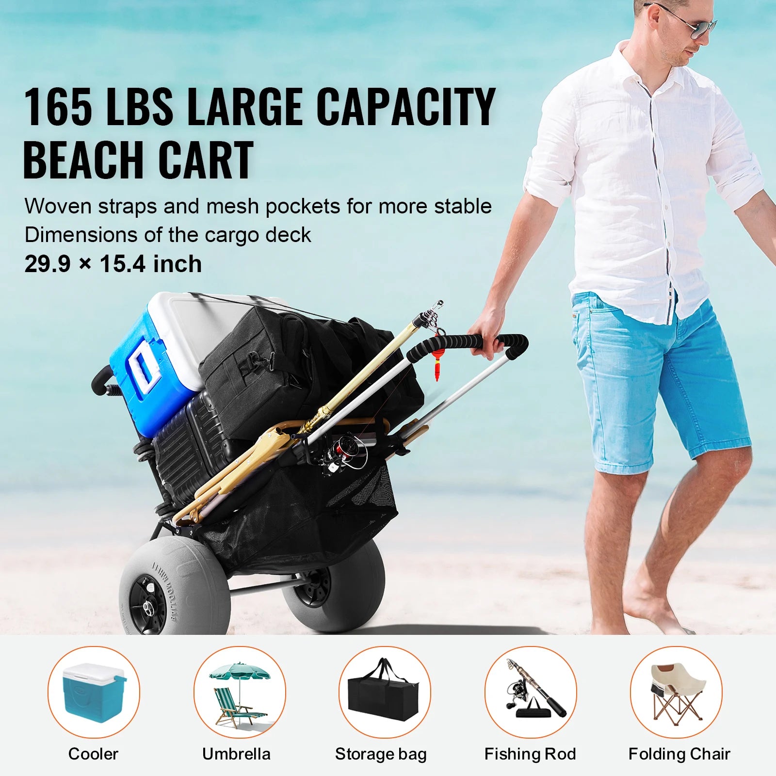 SucceBuy Beach Dolly with Big Wheels for Sand 165LBS Loading Capacity Folding Sand Cart with Cargo Deck Balloon Wheels for Beach